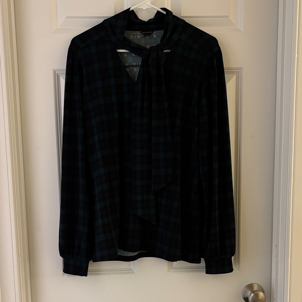 Ann Taylor Green and Black Plaid Top